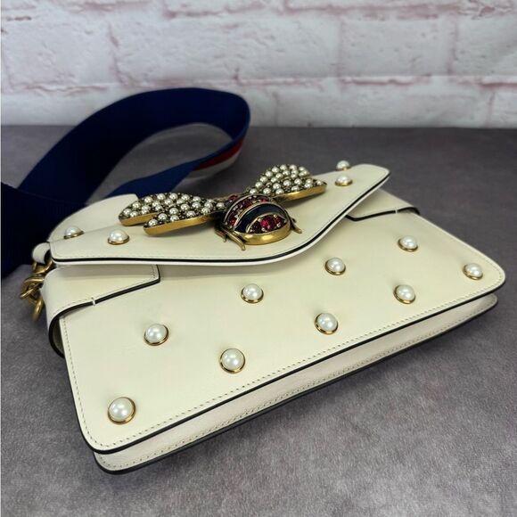 Gucci Rare Queen Margaret Pearl Web Nappa Leather Flap Broadway Bag - Picture 4 of 15